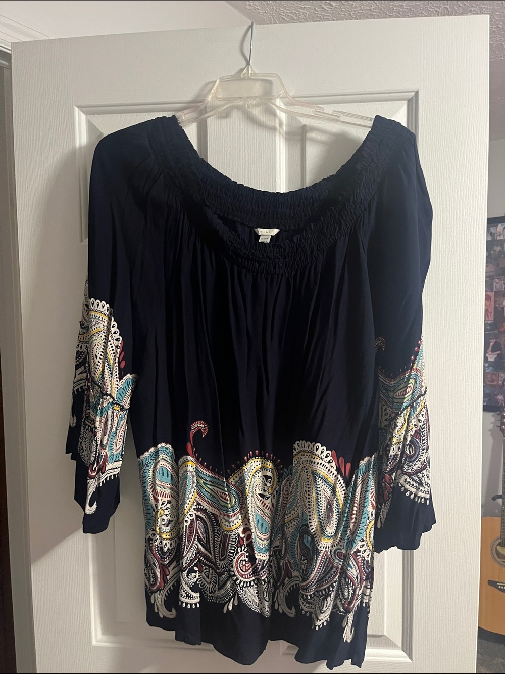 Cato Navy Paisley Border Peasant Tunic